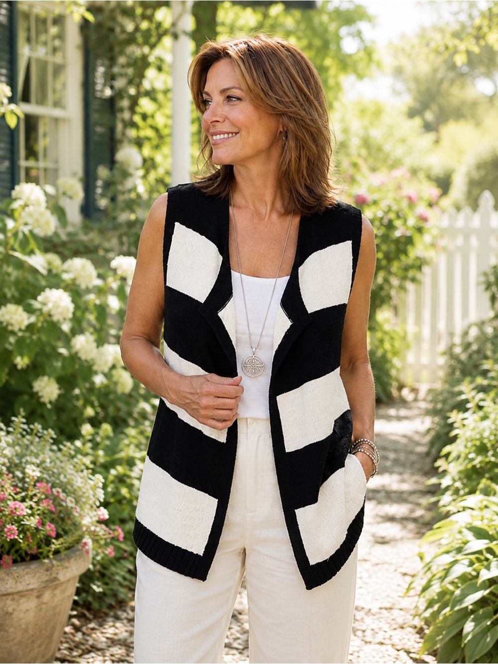 Chico’s Black White Striped Open Front Cardigan Vest Large